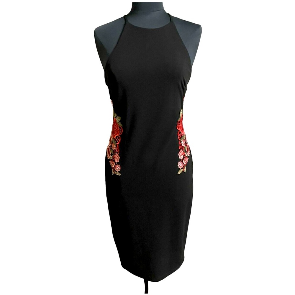 Bisou Bisou Body Con Little Black Dress with Roses Detail Size 12